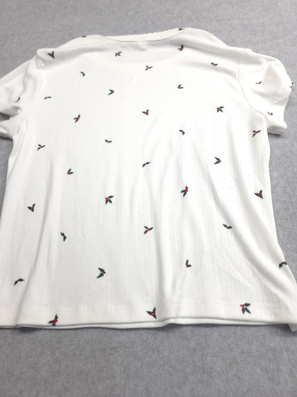 0379 Auden White Short-Sleeve Pajama Set with Tiny Red & Green Floral Motif